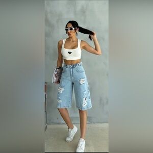 Distressed Bermuda Denim Shorts - Size 30